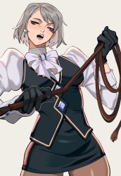 Rule 34 | 1girl, absurdres, ace attorney, black gloves, black skirt, black vest, bow, bowtie, earrings, franziska von karma, gloves, grey eyes, grey hair, highres, holding, holding whip, jewelry, looking at viewer, looking down, miniskirt, open mouth, pantyhose, porqueloin, puffy sleeves, shirt, simple background, skirt, solo, teeth, vest, whip, white background, white bow, white bowtie, white shirt