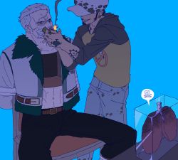 Rule 34 | 2boys, cigar, grin, hat, hood, hoodie, lighter, lungs, multiple boys, no smoking, obobkkp, one piece, open clothes, open shirt, restrained, skull, smile, smoke, smoker (one piece), trafalgar law, white hair