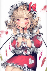 Rule 34 | 1girl, adapted costume, aged up, arms up, bare shoulders, blonde hair, blood, blood from mouth, blood on clothes, blood on face, blood on hands, blood splatter, blush, breasts, cleavage, commentary request, contrapposto, cowboy shot, detached sleeves, drop earrings, earrings, fang, fang out, fingernails, flandre scarlet, hands on own cheeks, hands on own face, hat, hat ribbon, heart, heart earrings, highres, jewelry, looking at viewer, majamari, medium hair, mob cap, nail polish, parted bangs, partial commentary, petticoat, red eyes, red nails, red skirt, ribbon, simple background, skirt, smile, solo, touhou, white background, white hat, wings, wrist cuffs