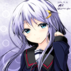 Rule 34 | 10s, 1girl, 2014, blue eyes, blush, crescent, crescent hair ornament, dated, gin&#039;ichi (akacia), hair ornament, kantai collection, long sleeves, looking at viewer, puffy long sleeves, puffy sleeves, purple hair, school uniform, serafuku, short hair with long locks, signature, smile, solo, twitter username, upper body, yayoi (kancolle)