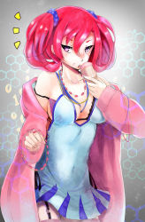 Rule 34 | 1girl, bare shoulders, blue dress, bra, breasts, cleavage, cross-laced clothes, digimon, digimon story: cyber sleuth, dress, female focus, food, highres, ice cream, licking, red hair, shiramine nokia, simple background, smile, solo, standing, thighhighs, tongue, torriet, twintails, underwear, zettai ryouiki