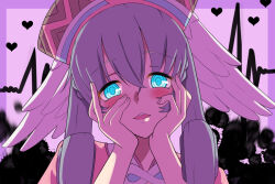 Rule 34 | 1girl, blue eyes, cardiogram, grey hair, hands on own face, head wings, heart, heartbeat, looking at viewer, melia antiqua, meme, mirai nikki, revvie, solo, wings, xenoblade chronicles (series), xenoblade chronicles 1, yandere