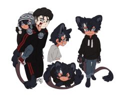 Rule 34 | 2boys, :3, animal ears, animal feet, animal hands, beanie, black hair, black hoodie, black jacket, black pants, blood, blood on face, blue eyes, blue mittens, carrying, child, claws, closed mouth, commentary, cropped legs, denim, deviidog0, earflap beanie, english commentary, full body, fur-tipped tail, grey shirt, hat, highres, hood, hood down, hoodie, horns, jacket, jeans, looking at viewer, lying, male focus, mittens, monster boy, multiple boys, multiple views, on stomach, original, pants, piggyback, shirt, short hair, short sleeves, simple background, single horn, standing, tail, white background, white horns