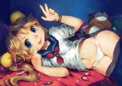 Rule 34 | 1girl, :p, blonde hair, blue eyes, candy, clothes pull, food, long hair, looking at viewer, lying, navel, on side, original, panties, school uniform, serafuku, skirt, skirt pull, smile, solo, stuffed animal, stuffed toy, teddy bear, tongue, tongue out, underwear, v, white panties, wy lee (pixelnoodle)