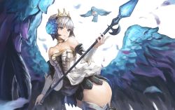 Rule 34 | 1girl, absurdres, bare shoulders, bird, blue eyes, choker, cowboy shot, expressionless, feathered wings, feathers, gwendolyn (odin sphere), highres, holding, holding polearm, holding spear, holding weapon, multicolored wings, na (oagenosuke), odin sphere, polearm, pteruges, short hair, simple background, skirt, solo, spear, thick thighs, thighhighs, thighs, tiara, weapon, white background, white hair, wings, yellow neckwear