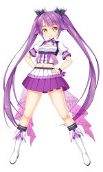 Rule 34 | 1girl, boots, cleavage cutout, clothing cutout, full body, hands on own hips, highres, kazuma (kazumav), legs apart, long hair, looking at viewer, navel, official art, purple eyes, purple theme, sengoku hime 5, short sleeves, skirt, smile, solo, transparent background, twintails, very long hair, wide stance, yellow eyes, yukimura sanada