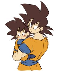 Rule 34 | 2boys, black eyes, black hair, blush stickers, carrying, child, dougi, dragon ball, dragonball z, father and son, looking away, male focus, multiple boys, serious, simple background, son goku, son goten, spiked hair, tkgsize, white background