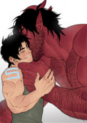 Rule 34 | 2boys, absurdres, arm hair, bara, beard, black hair, chest hair, closed eyes, colored skin, commentary, demon, demon horns, dominique (the devil and s-13), earrings, english commentary, facial hair, green tank top, grin, highres, horns, jewelry, kiss, kissing cheek, male focus, multiple boys, muscular, muscular male, one eye closed, pectoral cleavage, pectorals, pointy ears, red skin, short hair, size difference, smile, steen (the devil and s-13), suyohara, tank top, tattoo, teeth, the devil and s-13, yaoi