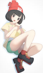 Rule 34 | 1girl, akacolor, beanie, black hair, bracelet, commentary request, creatures (company), eyelashes, full body, game freak, green shorts, grey eyes, hat, highres, jewelry, legs, looking down, nintendo, open mouth, pokemon, pokemon sm, red hat, selene (pokemon), shirt, shoes, short hair, short shorts, short sleeves, shorts, simple background, solo, t-shirt, teeth, upper teeth only, white background, z-ring