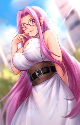 Rule 34 | 1girl, absurdres, bare shoulders, belt, blush, breasts, cleavage, dress, fate/stay night, fate (series), forehead, glasses, highres, hua-j, large breasts, long hair, looking at viewer, medusa (fate), medusa (rider) (fate), nail polish, parted bangs, purple eyes, purple hair, sidelocks, smile, solo, very long hair, white dress