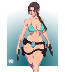 Rule 34 | 1girl, 2010, 2020, absurdres, bikini, bikini top lift, braid, braided ponytail, breasts, brown hair, clothes lift, curvy, dated, gaqs!, green bikini, gun, handgun, highres, holding, holding gun, holding weapon, lara croft, large breasts, lifting own clothes, lips, long hair, looking to the side, messy hair, micro bikini, navel, parted lips, shiny skin, single braid, smile, solo, swimsuit, thick lips, thighs, tomb raider, very long hair, weapon, wide hips