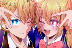 Rule 34 | 1boy, 1girl, absurdres, blonde hair, blue eyes, blue jacket, bow, bowtie, brother and sister, chromatic aberration, closed mouth, collarbone, collared jacket, collared shirt, commentary request, highres, hoshino aquamarine, hoshino ruby, jacket, long hair, one eye closed, open mouth, oshi no ko, pink bow, pink bowtie, pink eyes, school uniform, shirt, short hair, siblings, sidelocks, star-shaped pupils, star (symbol), symbol-shaped pupils, teeth, twins, v, v over eye, white background, white shirt, youtou high school uniform, yumeno1222