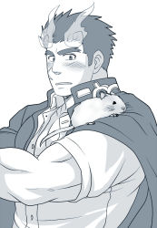 Rule 34 | 1boy, alternate pectoral size, animal, animal on shoulder, bara, blush, facial scar, fiery hair, fiery horns, forked eyebrows, gakuran, greyscale, horns, jacket, jacket on shoulders, large pectorals, male focus, monochrome, mouse (animal), mouse on shoulder, muscular, muscular male, partially unbuttoned, pectoral cleavage, pectorals, sakimori toji, scar, scar on cheek, scar on face, school uniform, short hair, sideburns, solo, sunfight0201, thick eyebrows, tokyo houkago summoners, upper body