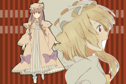 Rule 34 | 2girls, blonde hair, cape, crescent, crescent hair ornament, dress, embodiment of scarlet devil, female focus, flandre scarlet, hair ornament, hair ribbon, hat, hizu, long hair, long sleeves, mob cap, multiple girls, noise (hakusen), open mouth, patchouli knowledge, purple eyes, purple hair, red eyes, ribbon, striped clothes, striped dress, touhou