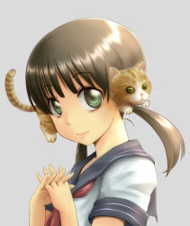 Rule 34 | 1girl, animal ears, ao usagi, blush, brown hair, cat, cat ears, female focus, from side, green eyes, grey background, interlocked fingers, looking at viewer, neckerchief, original, pun, red neckerchief, school uniform, serafuku, simple background, smile, solo, too literal, twintails, what