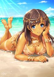 Rule 34 | 1girl, bangle, barefoot, beach, bikini, bikini tan, blue eyes, bracelet, breasts, brown hair, cleavage, crossed ankles, dark-skinned female, dark skin, day, fate/grand order, fate (series), gold trim, hand on own head, head rest, highres, jewelry, large breasts, long hair, looking at viewer, lying, mata hari (fate), nail polish, necklace, on stomach, one-piece tan, parted lips, sakiyamama, sand, signature, smile, solo, swimsuit, tan, tanline, the pose, water, wet