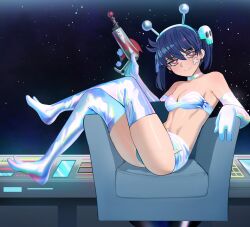 Rule 34 | 1girl, antennae, bandaid, bandaid on cheek, bandaid on face, bikini, blue bikini, blue gloves, blue hair, blue hairband, blue pantyhose, blue shorts, breasts, bright pupils, chair, cleavage, crossed bandaids, crossed legs, earrings, galaxy background, gloves, gun, hair ornament, hairband, hand on chair, handgun, highres, holding, holding weapon, jewelry, ji-yoon (jourd4n), jourd4n, looking to the side, multicolored bikini, multicolored clothes, multicolored gloves, multicolored pantyhose, multicolored shorts, original, pantyhose, pink bikini, pink gloves, pink pantyhose, pink shorts, red eyes, short twintails, shorts, sitting, skull hair ornament, small breasts, smile, smug, solo, space, spacecraft, star (sky), swimsuit, twintails, weapon, white pupils