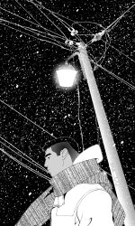 Rule 34 | 1boy, bara, expressionless, from side, greyscale, highres, lamppost, looking ahead, male focus, monochrome, night, night sky, oiotoil, original, profile, scarf, short hair, sky, snowing, solo, thick eyebrows, undercut, upper body, winter clothes