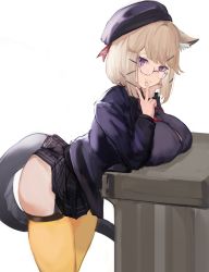Rule 34 | 1girl, absurdres, animal ear fluff, animal ears, arknights, blonde hair, breast rest, breasts, glasses, gnai, hair ornament, hairclip, hand on own cheek, hand on own face, hat, head rest, high-waist skirt, highres, large breasts, leaning forward, official alternate costume, pleated skirt, purple eyes, short hair, skirt, standing, tail, thighhighs, tilted headwear, utage (arknights), utage (disguise) (arknights), v, yellow thighhighs