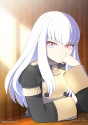 Rule 34 | 1girl, buttons, closed mouth, commentary, dfhnokenbutu, fire emblem, fire emblem: three houses, garreg mach monastery uniform, hair between eyes, hand on own face, highres, indoors, long hair, long sleeves, looking at viewer, lysithea von ordelia, nintendo, pink eyes, signature, solo, sunlight, table, twitter username, uniform, white hair