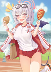Rule 34 | 1girl, blue archive, food, haruna (blue archive), highres, itaba atsushi, looking at viewer, open mouth, short sleeves, smile, solo, white hair