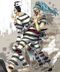Rule 34 | 2boys, black hair, blue hair, buggy the clown, detached, disembodied hand, dismembered, galdino, glasses, heart, impel down, key, knife, laughing, male focus, multiple boys, one piece, ponytail, prison clothes, sword, walking, weapon