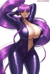 Rule 34 | 1girl, arms behind head, big hair, bodysuit, breasts, catsuit, cleavage, covered erect nipples, eiken, grey eyes, highres, huge breasts, long hair, looking at viewer, misono kirika, navel, no bra, one eye closed, open clothes, ponytail, purple eyes, purple hair, sidelocks, smile, solo, superbusty, thick thighs, thighs, unzipped, very long hair, white background, wink, zipper