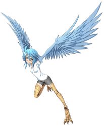 Rule 34 | 1girl, ahoge, artist request, bad source, bird legs, black shorts, blouse, blue feathers, blue hair, blue wings, blush, feathers, full body, hair between eyes, harpy, monster girl, monster musume no iru nichijou, monster musume no iru nichijou online, official alternate costume, official art, papi (monster musume), shirt, shorts, transparent background, white shirt, winged arms, wings
