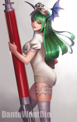 Rule 34 | 1girl, artist name, ass, bat wings, belt, black wings, breasts, clipboard, dantewontdie, demon girl, fang, from side, gradient background, green hair, grey background, grey thighhighs, hat, head wings, holding, large breasts, long hair, looking at viewer, medal, morrigan aensland, nail polish, nurse, nurse cap, oversized object, pink nails, print headwear, puffy short sleeves, puffy sleeves, short sleeves, skin tight, skindentation, skull and crossbones, smile, solo, standing, syringe, thigh strap, thighhighs, vampire (game), white thighhighs, wings, yellow eyes