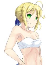 Rule 34 | 1girl, ahoge, alternate costume, artoria pendragon (all), artoria pendragon (fate), bandeau, blonde hair, blush, boa (brianoa), breasts, doyagao, fate/stay night, fate (series), green eyes, hair ribbon, hand on own hip, highres, ribbon, saber (fate), small breasts, smile, smug, solo, sparkle, strapless, transparent background, tube top