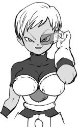 Rule 34 | 10s, 1girl, alien, armor, artist request, breastplate, breasts, cheelai, dragon ball, dragon ball super, female focus, gloves, large breasts, looking at viewer, monochrome, no humans, short hair, simple background, smile, white background