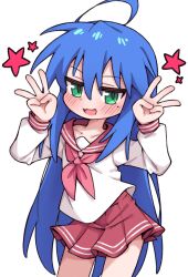 Rule 34 | 1girl, :3, ahoge, blue hair, blush, collarbone, commentary request, contrapposto, cowboy shot, dot nose, double horizontal stripe, green eyes, hair between eyes, hair over shoulder, hands up, izumi konata, jitome, korean commentary, long hair, long sleeves, looking at viewer, lucky star, m1ch, miniskirt, mole, mole under eye, neckerchief, open mouth, pink neckerchief, pleated skirt, red sailor collar, red skirt, ryouou school uniform, sailor collar, school uniform, serafuku, shirt, simple background, skirt, smile, solo, star (symbol), straight hair, very long hair, w arms, white background, white serafuku, white shirt