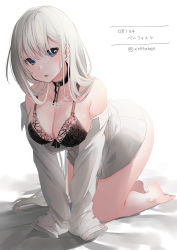 Rule 34 | 1girl, :o, all fours, artist name, azur lane, bad id, bad pixiv id, barefoot, belfast (azur lane), black bra, blue eyes, blush, bra, breasts, chain, character name, collar, collarbone, dated, highres, large breasts, lingerie, long hair, looking at viewer, off shoulder, silver hair, simple background, sleeves past fingers, sleeves past wrists, solo, twitter username, underwear, white background, xretakex