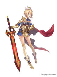 Rule 34 | 1girl, ahoge, aqua eyes, armor, blonde hair, breasts, cape, cleavage, copyright notice, dare ga tame no alchemist, elbow gloves, fang, full body, gloves, greatsword, hair ornament, hand on own hip, highres, holding, holding sword, holding weapon, huge weapon, kanon (dare ga tame no alchemist), kneehighs, looking at viewer, official art, open mouth, short hair, simple background, socks, solo, sword, weapon, white background