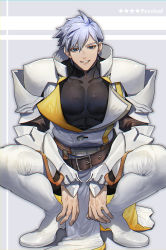 Rule 34 | 1boy, absurdres, armor, black bodysuit, blue eyes, bodysuit, boots, fate/grand order, fate (series), grey hair, highres, knee boots, large pectorals, looking at viewer, male focus, muscular, muscular male, none (kameko227), pectorals, percival (fate), short hair, shoulder armor, simple background, smile, solo