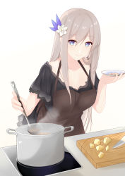 Rule 34 | 1girl, absurdres, apron, black shirt, blue eyes, board, breasts, brown apron, cooking, flower, hair flower, hair ornament, highres, hiroshi (2443303124), kitchen, kitchen knife, lexington (warship girls r), long hair, looking at viewer, medium breasts, open mouth, platinum blonde hair, shirt, solo, warship girls r, white background