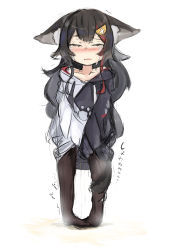 Rule 34 | 1girl, animal ears, black hair, black pantyhose, blush, clochetteravine, closed eyes, collarbone, crotch grab, embarrassed, highres, hololive, hood, hoodie, long hair, long sleeves, looking at viewer, ookami mio, open mouth, pantyhose, paw print, peeing, peeing self, print hoodie, puddle, sleeves past wrists, standing, steam, tail, tail around own leg, tears, trembling, two-tone hoodie, virtual youtuber, white background, wolf ears, wolf girl, wolf tail