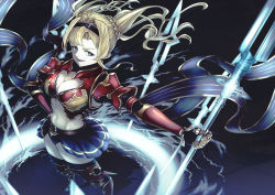 Rule 34 | 1girl, absurdres, armor, belt, blonde hair, blue eyes, breasts, casting spell, cleavage, fighting stance, floating hair, granblue fantasy, granblue fantasy versus, greaves, hair intakes, hairband, highres, holding, holding polearm, holding weapon, large breasts, long hair, looking at viewer, magic, magic circle, midriff, navel, open mouth, polearm, red armor, skirt, solo, stomach, thighhighs, tomeyan, twintails, weapon, wind, wind lift, zeta (granblue fantasy)