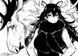 Rule 34 | &gt;:|, 10s, 1girl, 2017, :|, animal ears, antlers, breasts, closed mouth, dated, extra ears, fur collar, greyscale, hair between eyes, hands on own hips, happa (cloverppd), horns, kemono friends, large breasts, long hair, long sleeves, looking at viewer, monochrome, moose, moose (kemono friends), moose ears, signature, smile, upper body, v-shaped eyebrows