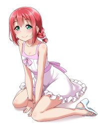 Rule 34 | 1girl, alternate hairstyle, aqua eyes, bare legs, between legs, blush, braid, commentary request, dress, frilled dress, frills, hand between legs, high heels, kurosawa ruby, leaning forward, looking at viewer, love live!, love live! school idol festival, love live! sunshine!!, red hair, sandals, sash, scrunchie, short braid, simple background, sitting, smile, solo, sundress, twin braids, wariza, white background, wristband, yopparai oni