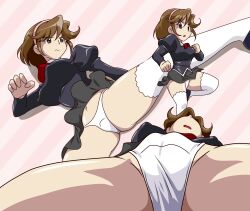 Rule 34 | 1girl, agent aika, aika (series), black delmo, blush, breasts, brown eyes, brown hair, cameltoe, crotch, defeat, delmo, delmogeny uniform, hairband, highres, kicking, kuroyoshi, large breasts, microskirt, military uniform, multiple views, open mouth, panties, saliva, short hair, simple background, skirt, striped, striped background, thighhighs, unconscious, underwear, uniform, white panties, white thighhighs