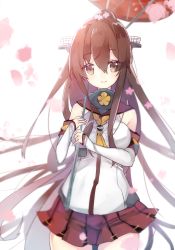 Rule 34 | 10s, 1girl, breasts, brown eyes, brown hair, cherry blossoms, hair ornament, kantai collection, large breasts, long hair, miniskirt, oil-paper umbrella, ponytail, sakofu, skirt, smile, solo, umbrella, uniform, very long hair, yamato (kancolle)