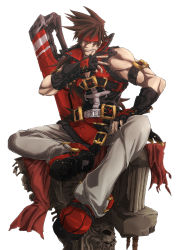 Rule 34 | 1boy, bare shoulders, belt, blonde hair, boots, brown hair, commentary request, fang, fingerless gloves, gloves, guilty gear, guilty gear xrd, hand on thigh, headband, highres, long hair, male focus, muscular, ponytail, red eyes, sitting, sol badguy, solo, sword, teeth, vandana, weapon, white background