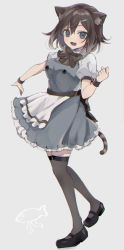 Rule 34 | 1girl, animal ears, apron, black footwear, black thighhighs, blush, breasts, brown hair, cat ears, commentary request, dress, fang, fumino tamaki, green eyes, hair between eyes, hair ornament, highres, looking at viewer, maid, mary janes, nijisanji, shoes, short hair, simple background, solo, thighhighs, usirome, virtual youtuber, white apron, white background