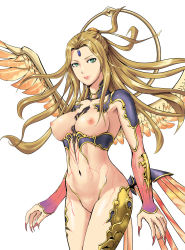 Rule 34 | 00s, 1girl, blonde hair, breasts, claws, feathers, female focus, final fantasy, final fantasy xi, fingernails, forehead jewel, green eyes, groin, kurorekishi, lady lilith, large breasts, long fingernails, long hair, monster girl, navel, nipples, nude, pipi (pixiv6183), solo, tattoo, wings