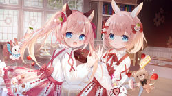Rule 34 | &gt; &lt;, 2girls, :d, absurdres, amafuyu, animal, animal ear fluff, animal ears, blouse, blue eyes, book, bookshelf, bow, cake, cake slice, candy, cat ears, closed mouth, commentary request, dress, eyepatch, fangs, food, food-themed hair ornament, frilled dress, frills, fruit, hair bow, hair ornament, hair ribbon, heart, heart eyepatch, highres, holding, indoors, lollipop, long hair, long sleeves, multiple girls, nail polish, open mouth, original, pinafore dress, pink hair, puffy long sleeves, puffy sleeves, rabbit, rabbit ears, red bow, red dress, red nails, red ribbon, red skirt, ribbon, shirt, siblings, sisters, skirt, sleeveless, sleeveless dress, smile, strawberry, strawberry hair ornament, stuffed animal, stuffed toy, suspender skirt, suspenders, swirl lollipop, teddy bear, tiered tray, twins, twintails, very long hair, white shirt, window
