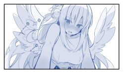Rule 34 | 1girl, animal ear fluff, animal ears, blue archive, blush, breasts, commentary request, dress, greyscale, hair bun, halo, long hair, looking down, medium breasts, mika (blue archive), monochrome, open mouth, single hair bun, solo, wings, yun (dust-i1)