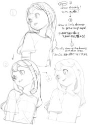 Rule 34 | 1girl, commentary request, greyscale, highres, how to, long hair, looking to the side, monochrome, multiple views, original, parted lips, ryo chimo, shirt, sketch, smile, t-shirt, upper body