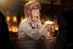 Rule 34 | 1girl, alcohol, artist name, bar (place), black necktie, braid, braided ponytail, brown hair, chainsaw man, chair, cup, drinking glass, elbow rest, elbows on table, holding, holding cup, ice, ice cube, indoors, long hair, looking up, makima (chainsaw man), necktie, parted lips, pekopeco, people, shirt, sidelocks, signature, single braid, sitting, smile, solo focus, table, upper body, white shirt, yellow eyes