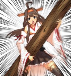 Rule 34 | 10s, 1girl, ahoge, bare shoulders, boots, brown eyes, brown hair, detached sleeves, headgear, japanese clothes, kantai collection, kongou (kancolle), log, long hair, long sleeves, nontraditional miko, pleated skirt, shingo (picturepuzzle), skirt, solo, thigh boots, thighhighs, tree, zettai ryouiki